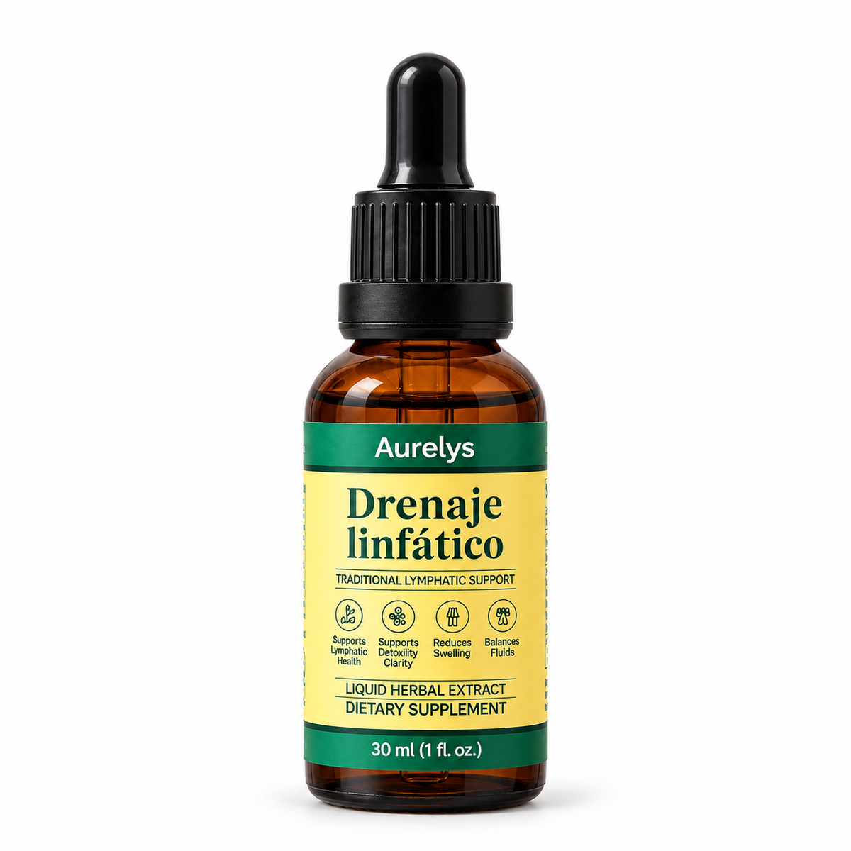 Suplemento herbal en gotas Aurelys 30 ml — vista frontal con fondo blanco