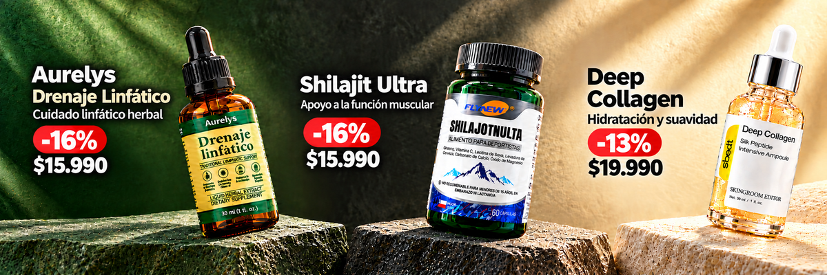 Aurelys Drenaje Linfático y Shilajit Ultra a $15.990 con 16% de descuento. Deep Collagen a $19.990 con 13% de descuento.