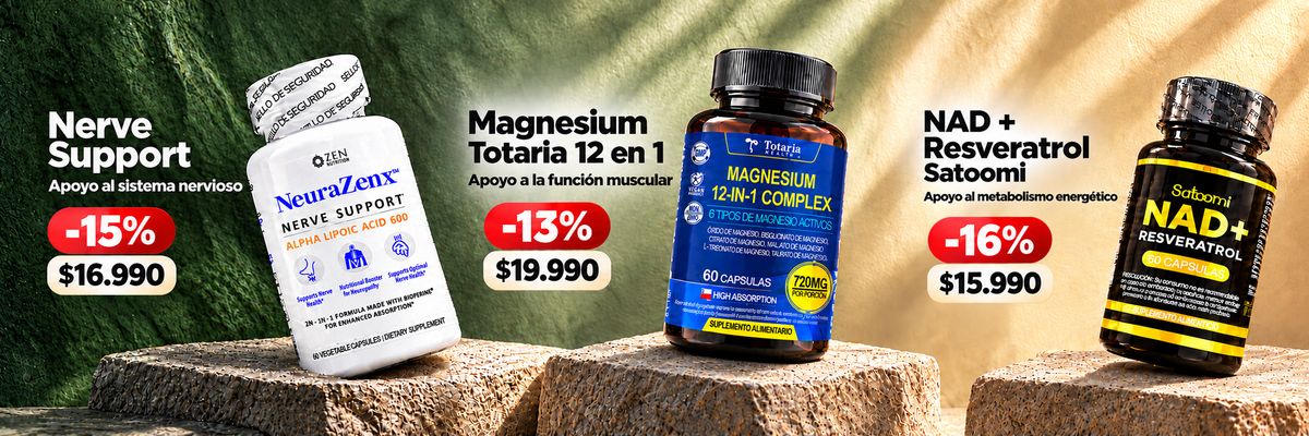 Nerve Support a $16.990 con 15% de descuento. Magnesium Totaria a $19.990 con 13% de descuento. NAD Resveratrol Satoomi a $15.990 con 16% de descuento.